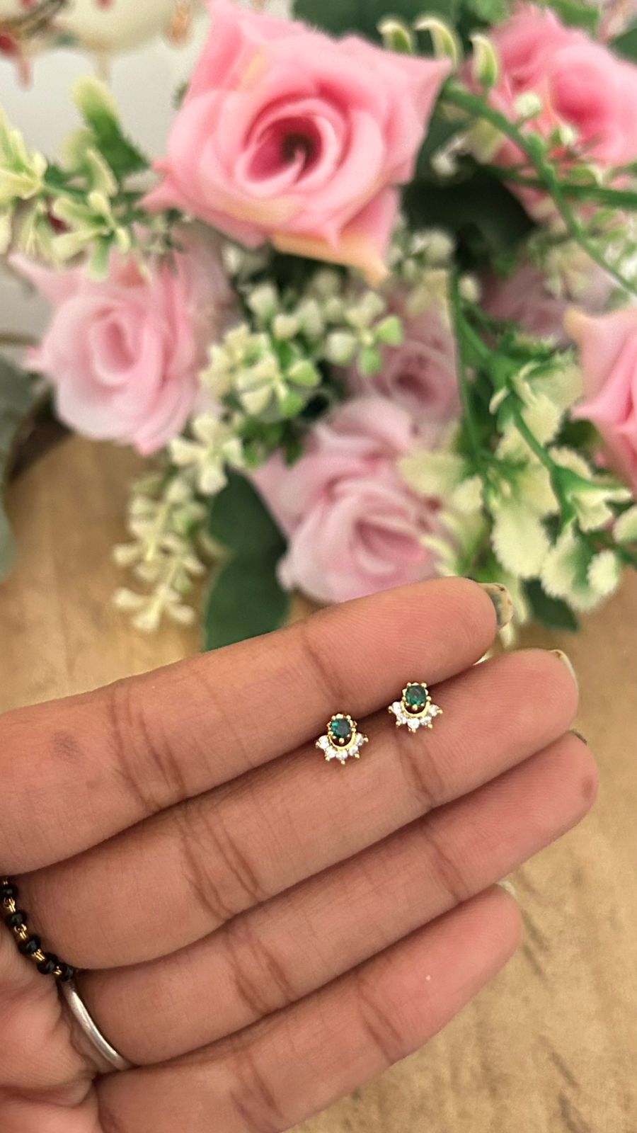Mini Green Oval Stone Stud Earrings – Nose Pin Screw Back | Dainty Second Hole Studs
