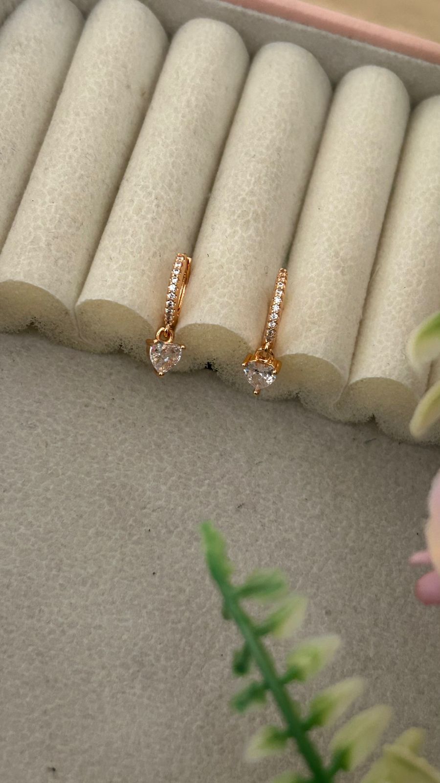 Heart Charm CZ Drop Hoop Earrings – Gold Finish