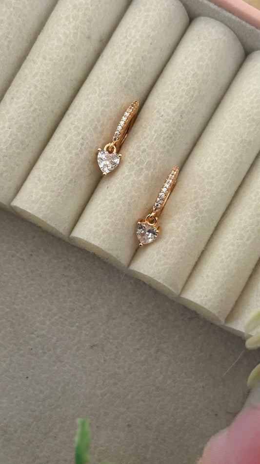Heart Charm CZ Drop Hoop Earrings – Gold Finish