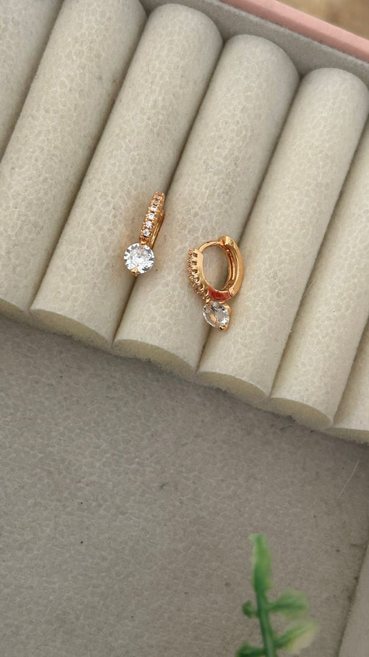 Gold Tone Huggie Earrings with Sparkling Crystal Drop