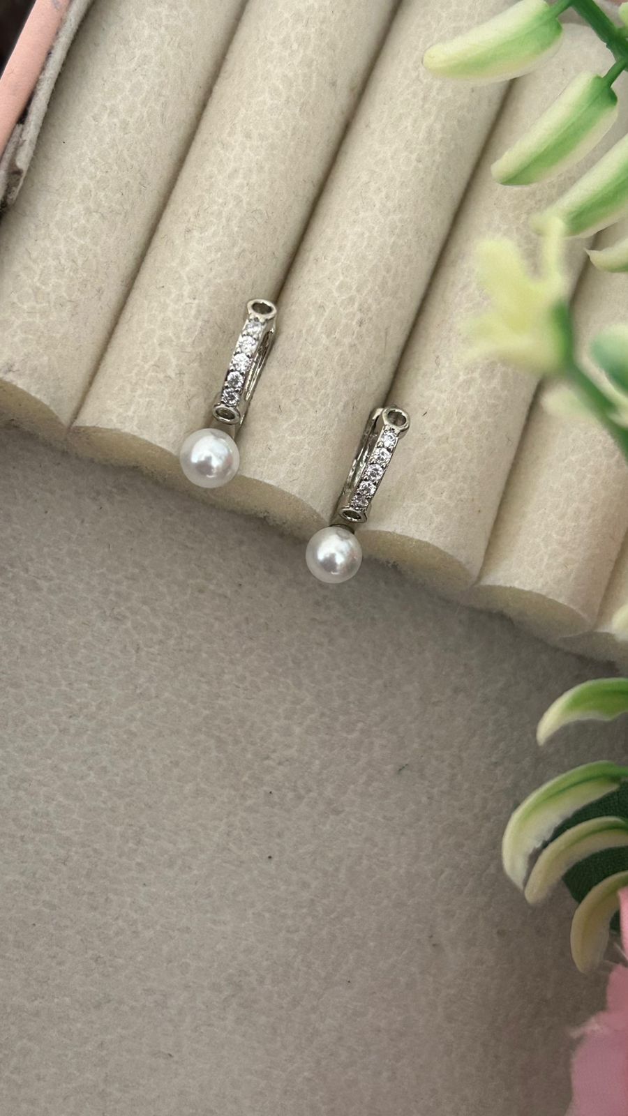 Pearl Drop Bar Earrings with Crystal Line Design