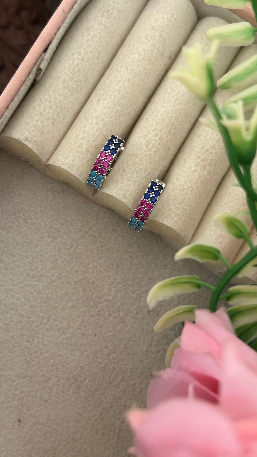 Rainbow Stone Huggie Earrings with Colorful Crystal Row