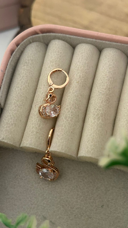 Swan Love Charm Earrings with Crystal Stone – Trendy Dangle Hoops