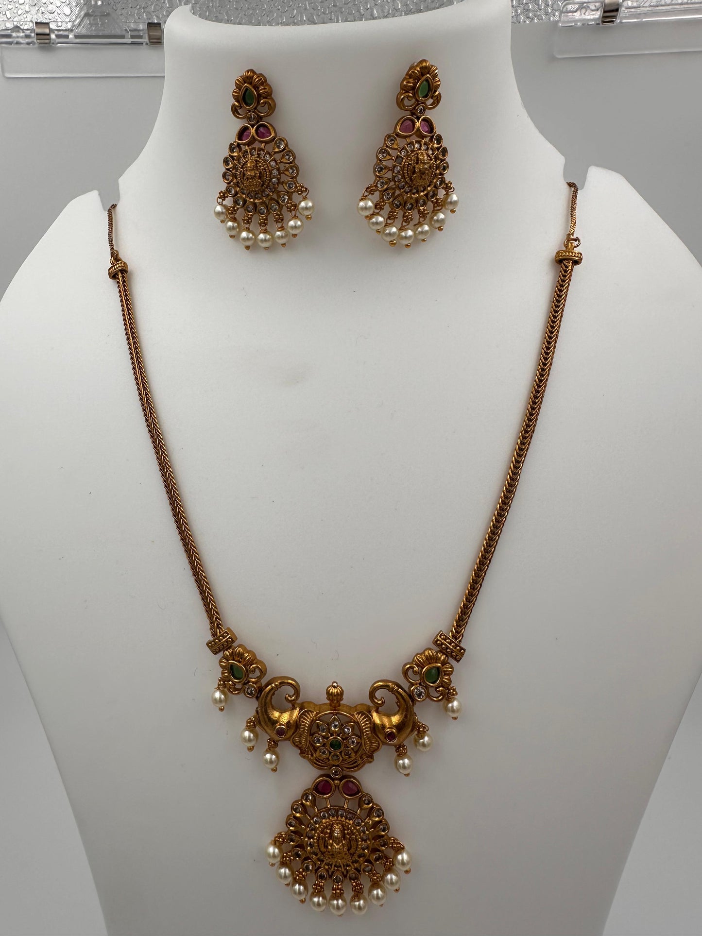 Designer Temple Jewellery Necklace Set with Ruby & Green Stones