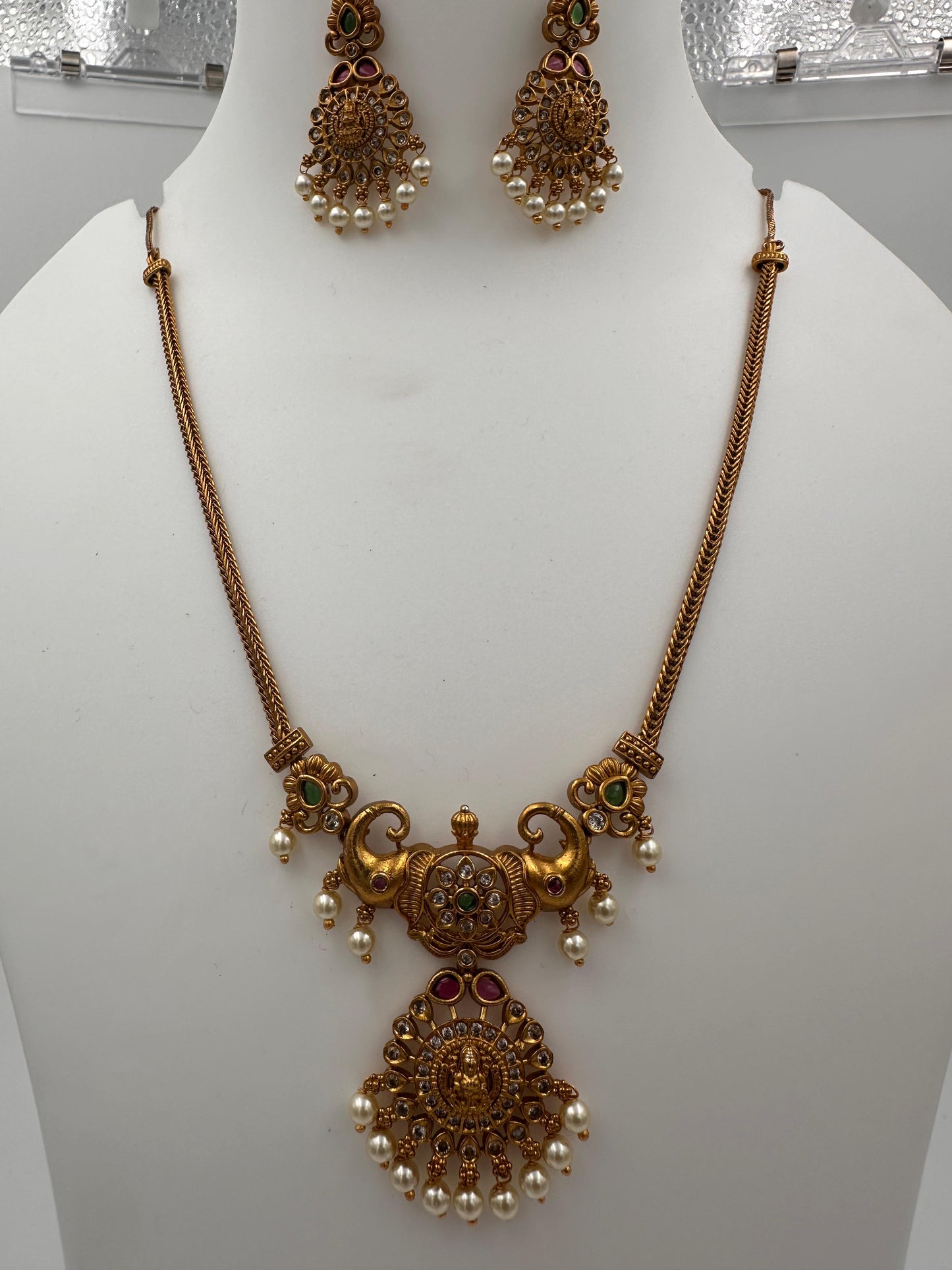 Designer Temple Jewellery Necklace Set with Ruby & Green Stones
