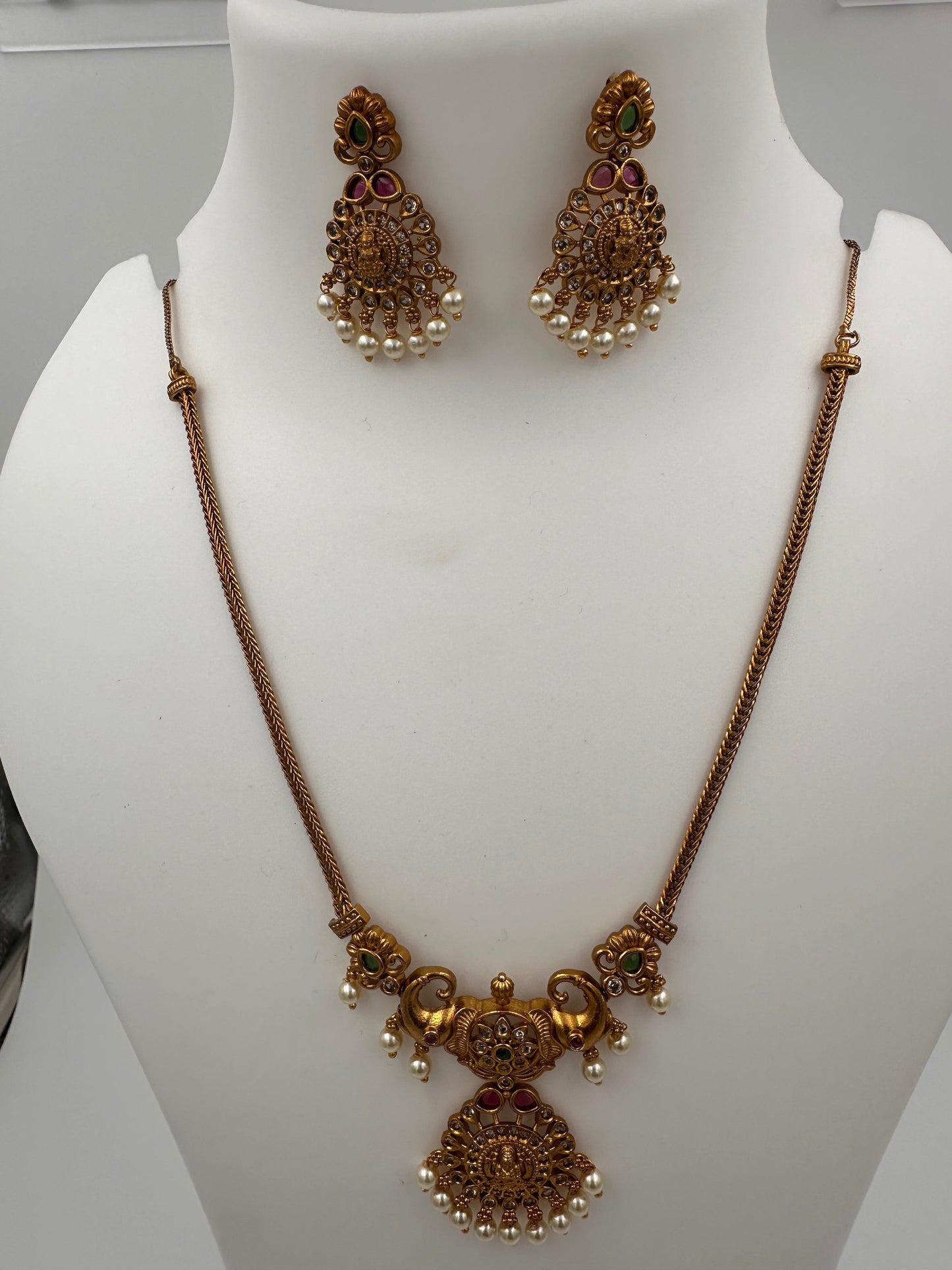 Designer Temple Jewellery Necklace Set with Ruby & Green Stones