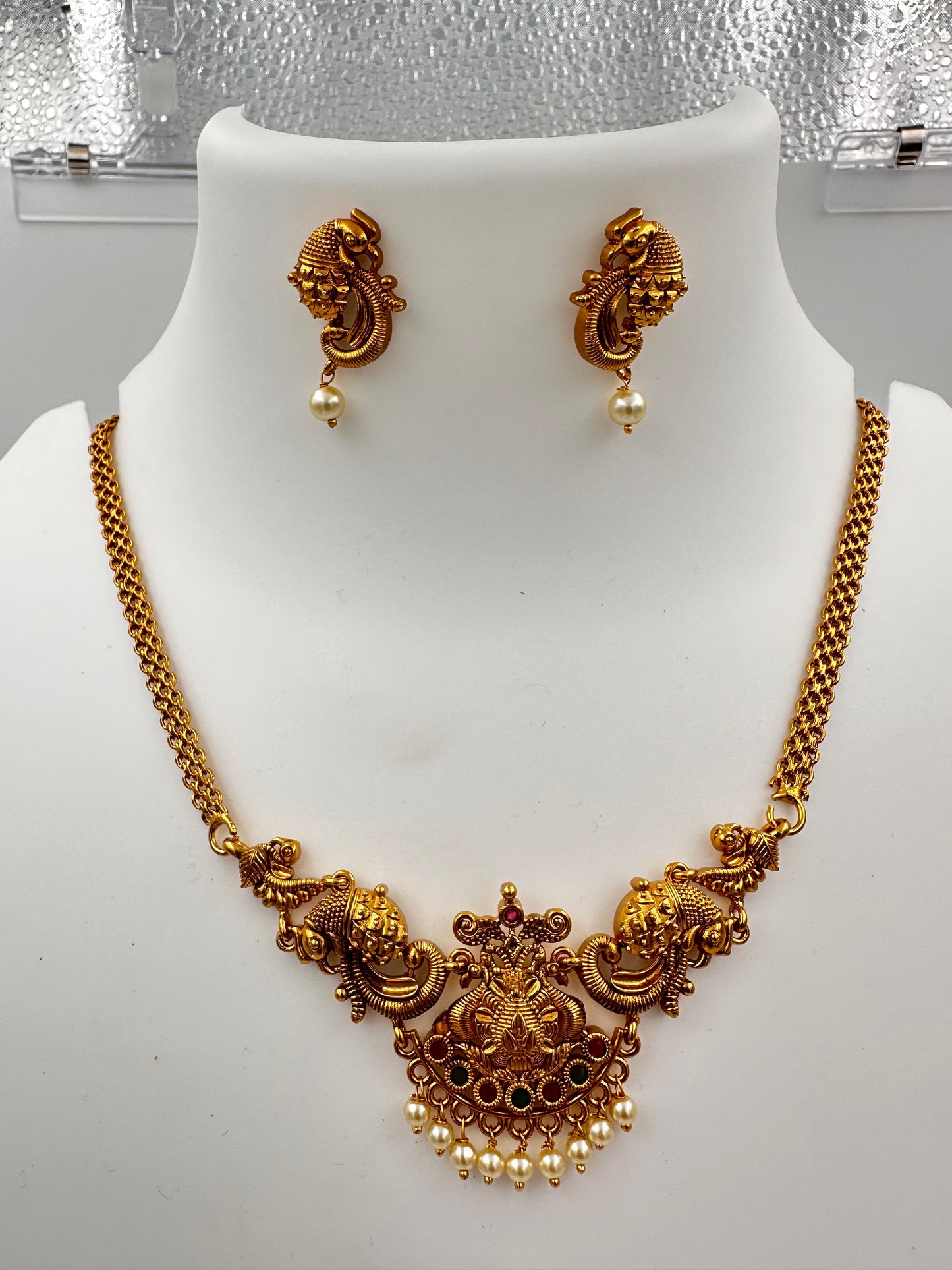 South Indian Bridal Temple Jewellery Necklace Set with Pearls
