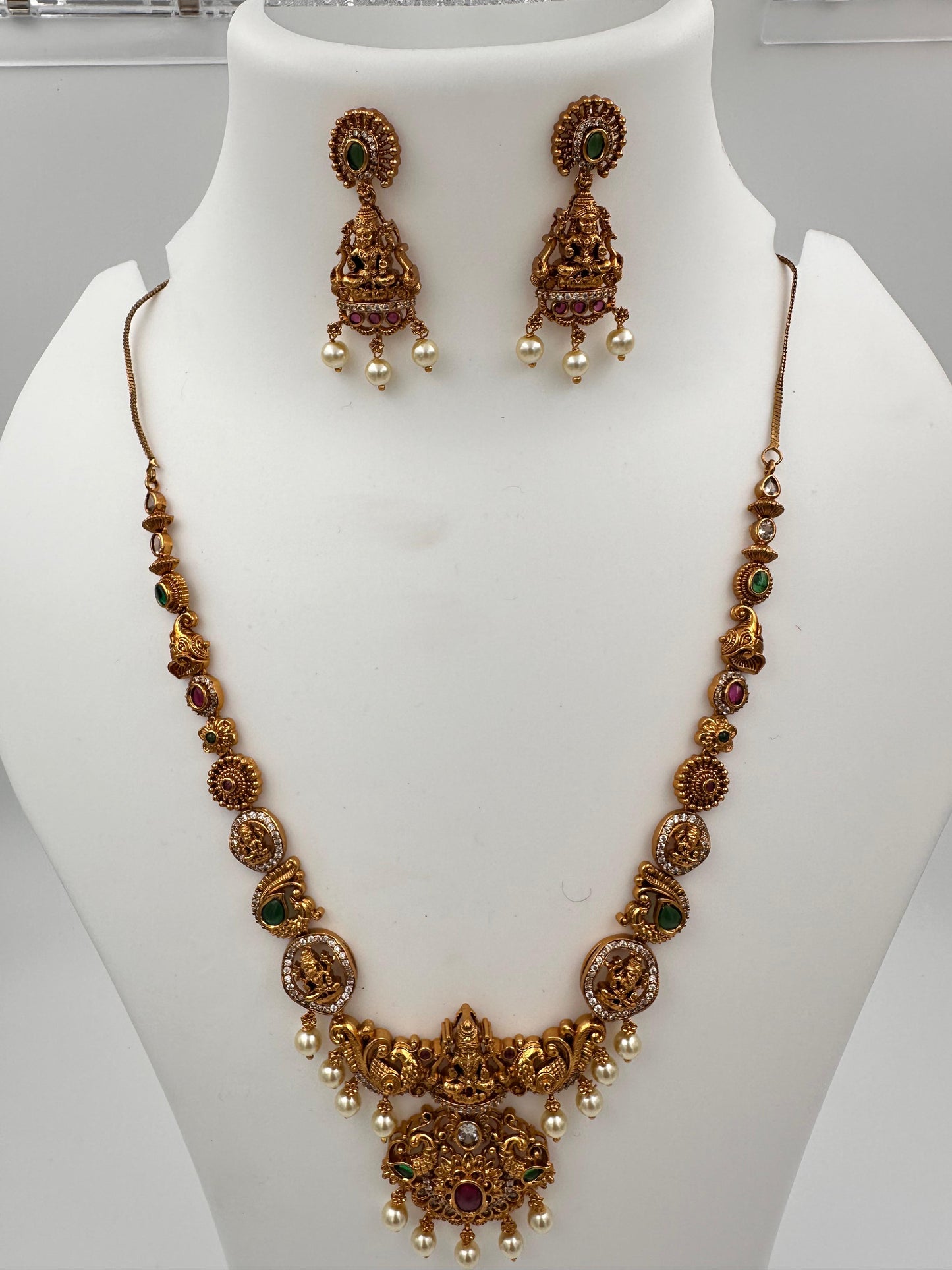 Grand Lakshmi Temple Jewellery Necklace Set with Ruby Stones & Pearl Drops