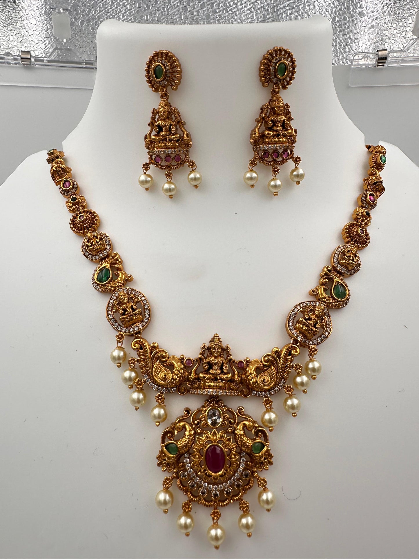 Grand Lakshmi Temple Jewellery Necklace Set with Ruby Stones & Pearl Drops