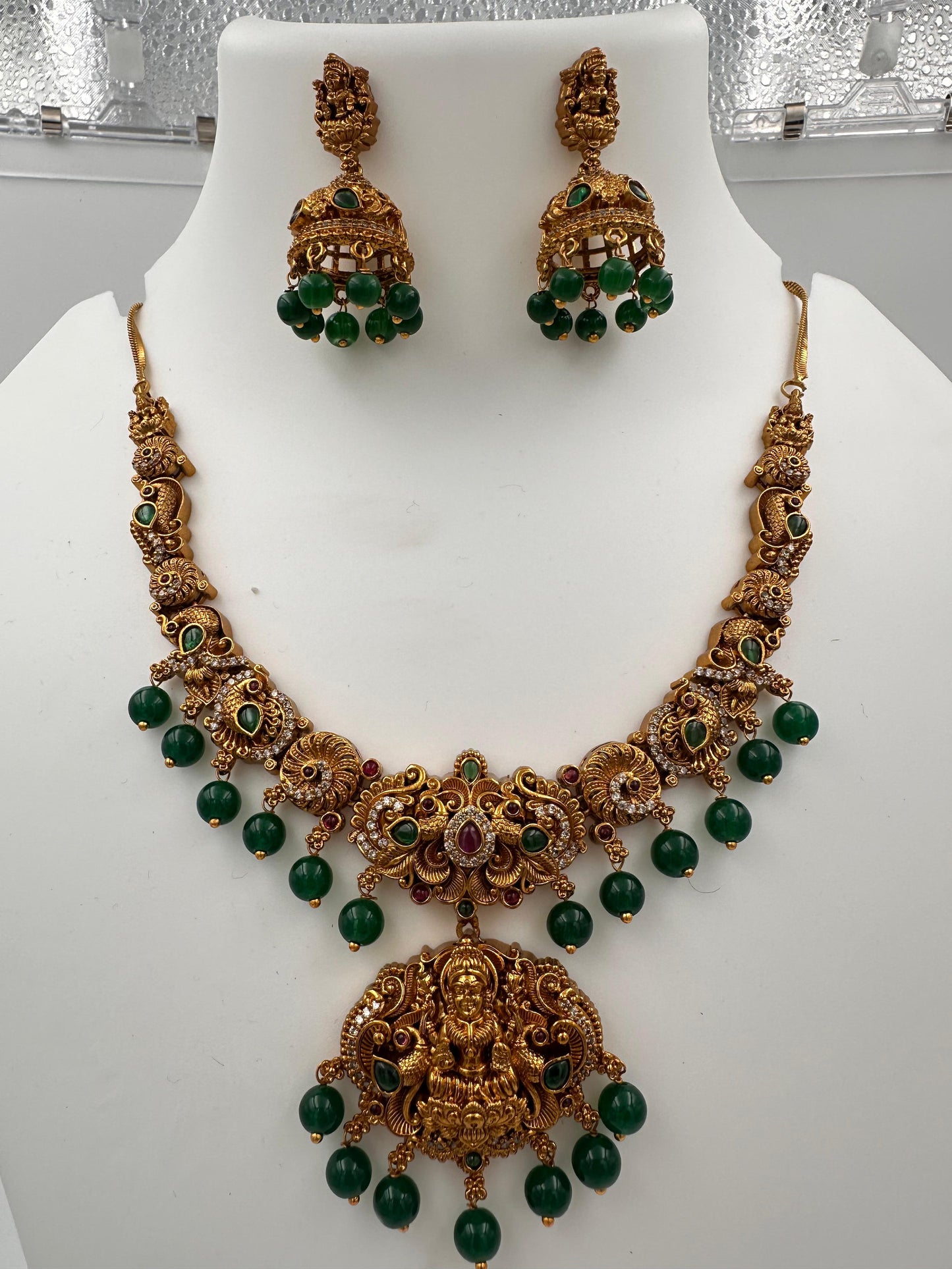 Bridal Lakshmi Temple Necklace Set with Green Bead Hangings