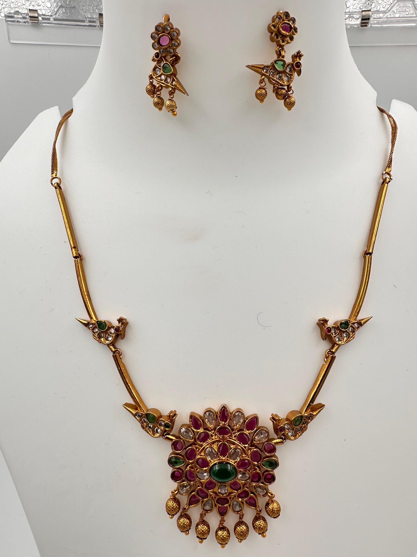 Handcrafted Bird Design Bridal Necklace Set with Ruby Stones
