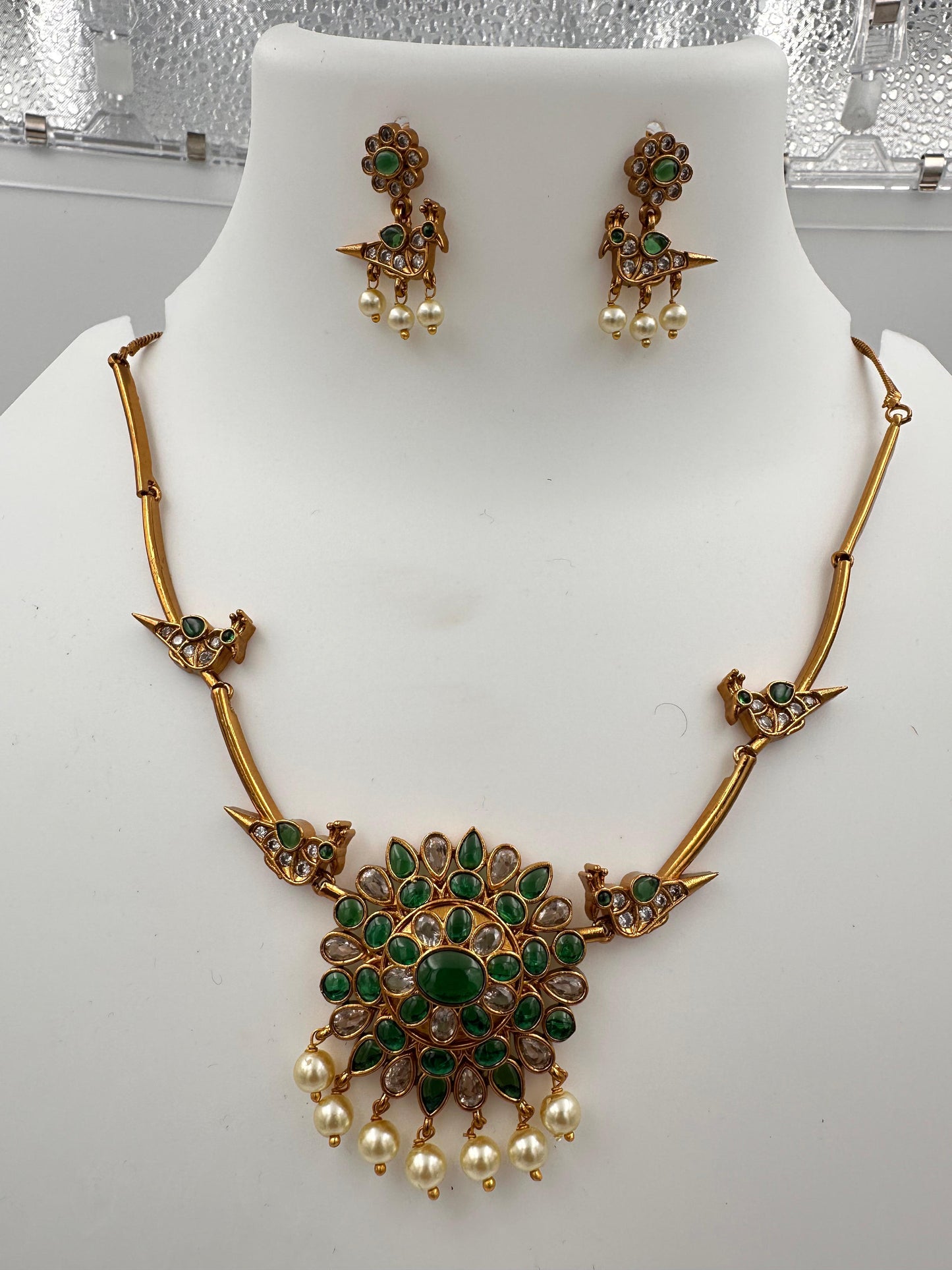 Handcrafted Bird Design Bridal Necklace Set with Ruby Stones