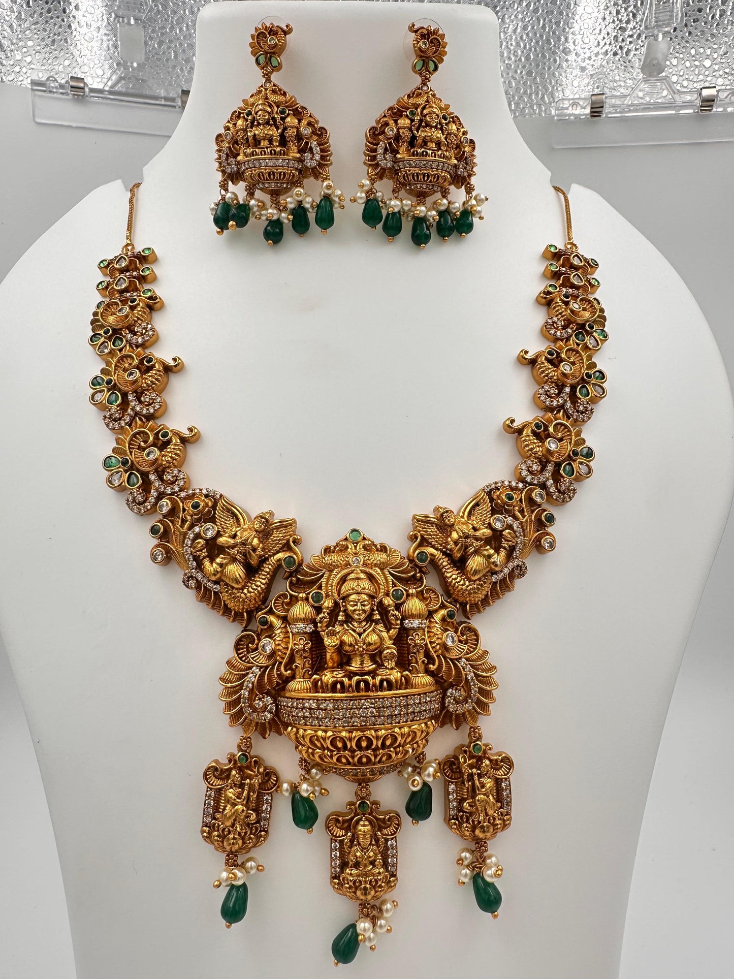 Grand Lakshmi Temple Jewellery Necklace Set with Green Beads