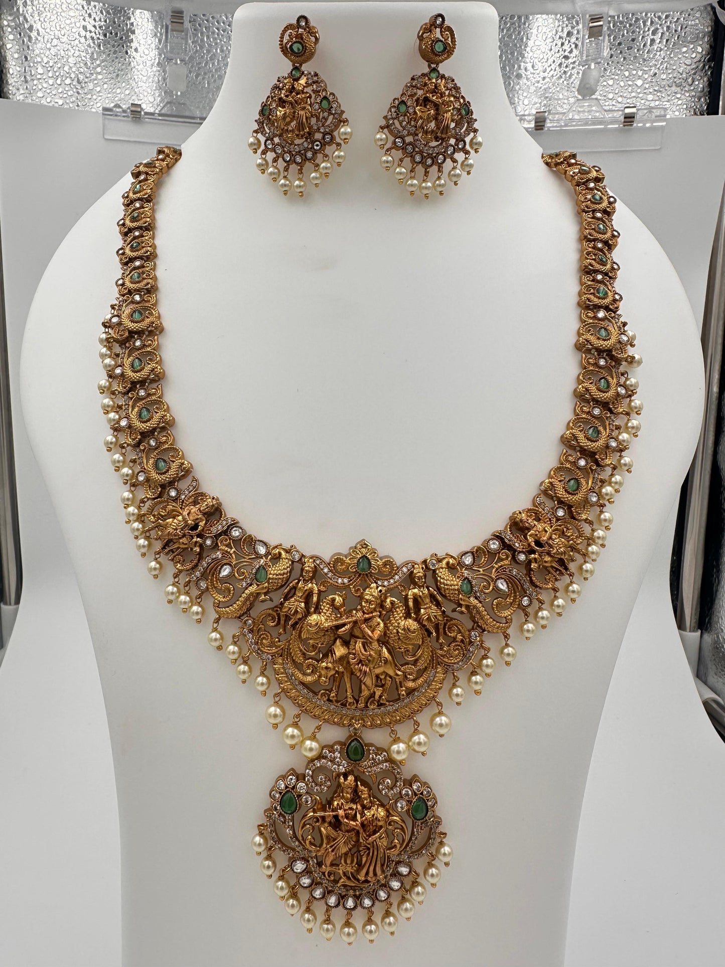 Traditional Gold Finish Radha Krishna Temple Necklace Set for Weddings