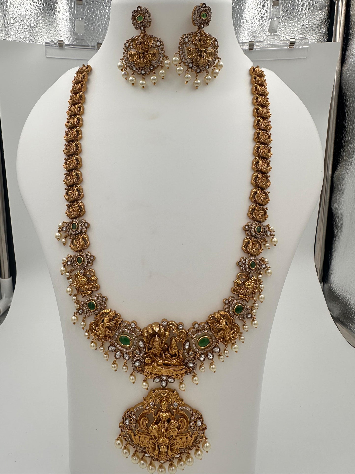 Antique Gold Lakshmi Pendant Necklace Set with Jhumka Earrings