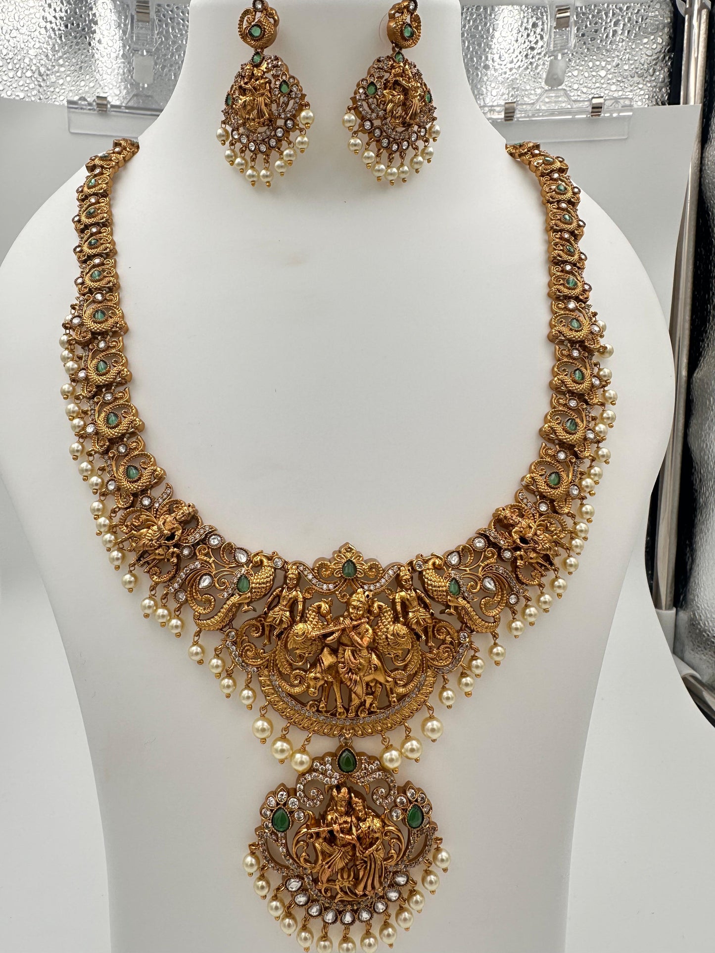 Traditional Gold Finish Radha Krishna Temple Necklace Set for Weddings