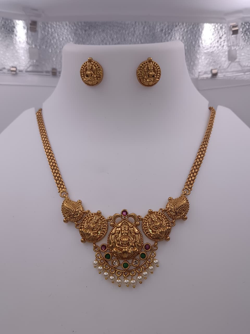 Classic South Indian Bridal Lakshmi Necklace Set with Pearls
