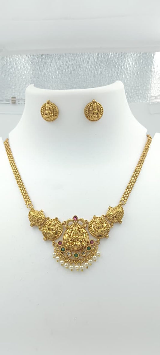 Classic South Indian Bridal Lakshmi Necklace Set with Pearls