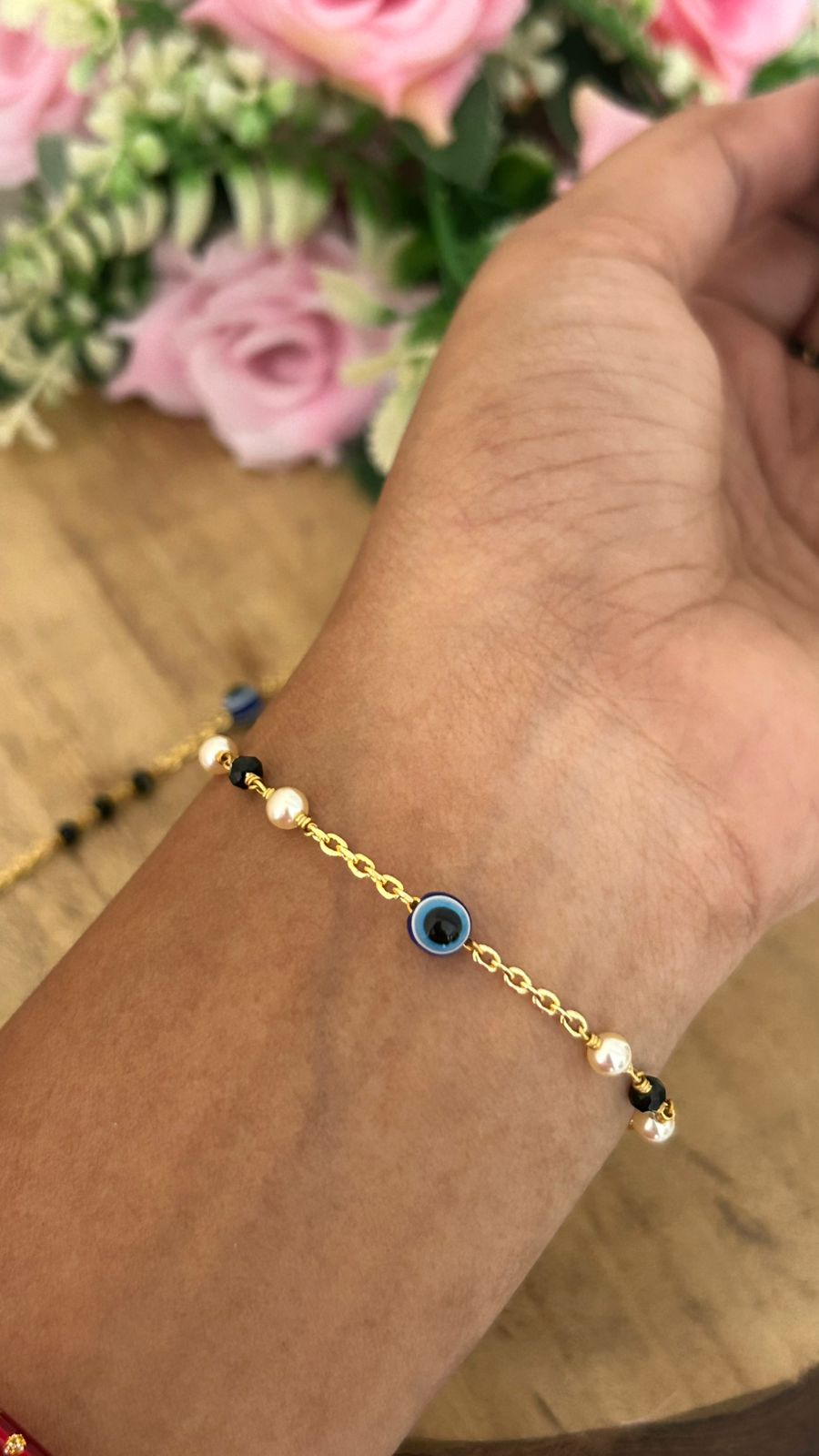 Trendy Evil Eye Bracelet – Gold Chain with Pearl and Black Beads | Adjustable Fit 24–210 size