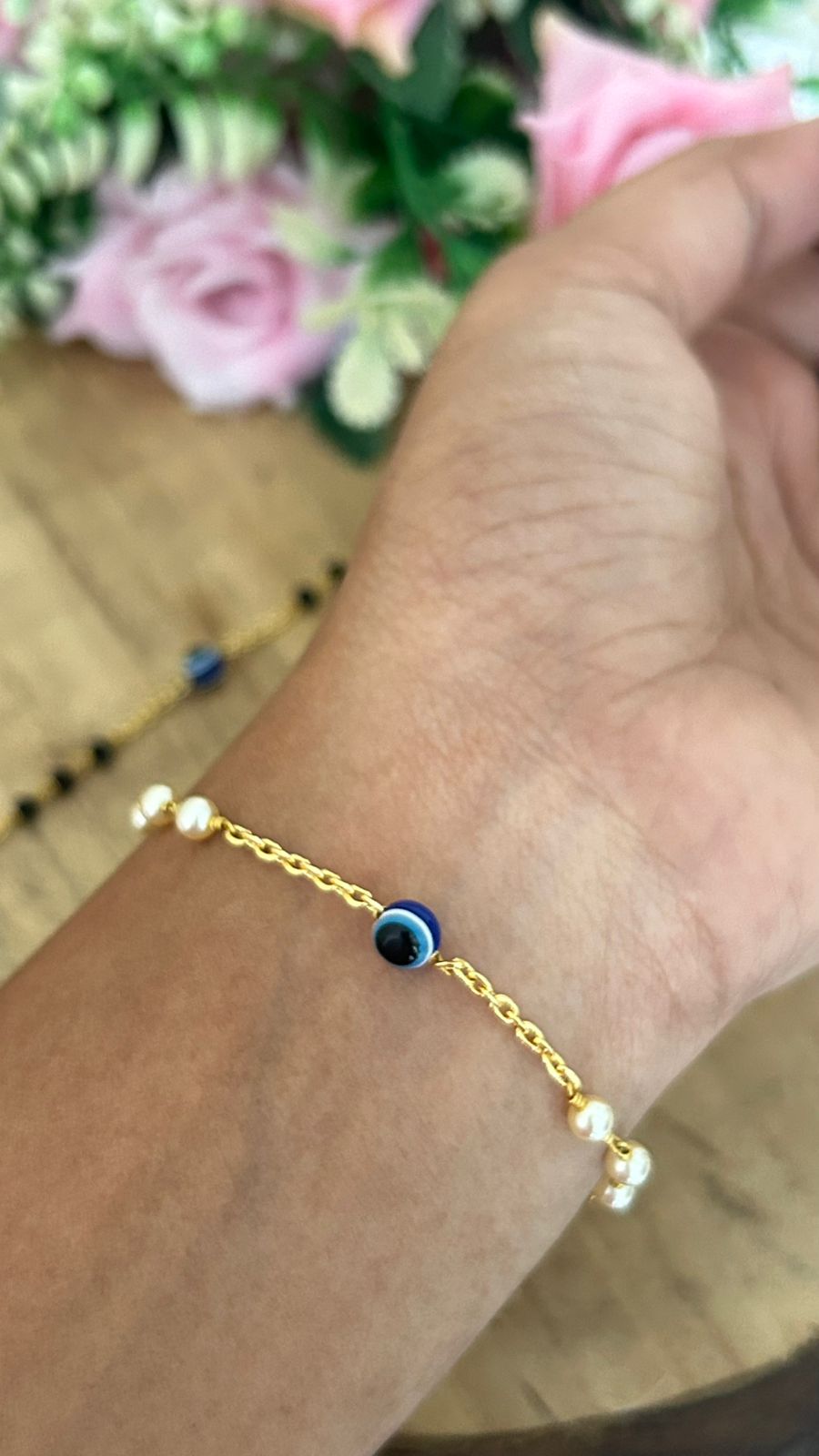Adjustable Evil Eye Bracelet with Pearls – Gold Chain Nazar Bracelet for Women (24–2 10Size) micro gold plated