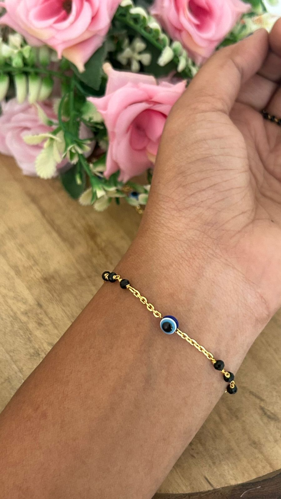 Gold Plated Evil Eye Bracelet with Black Beads – Adjustable 24–2 10 size| Nazar Protection Bracelet