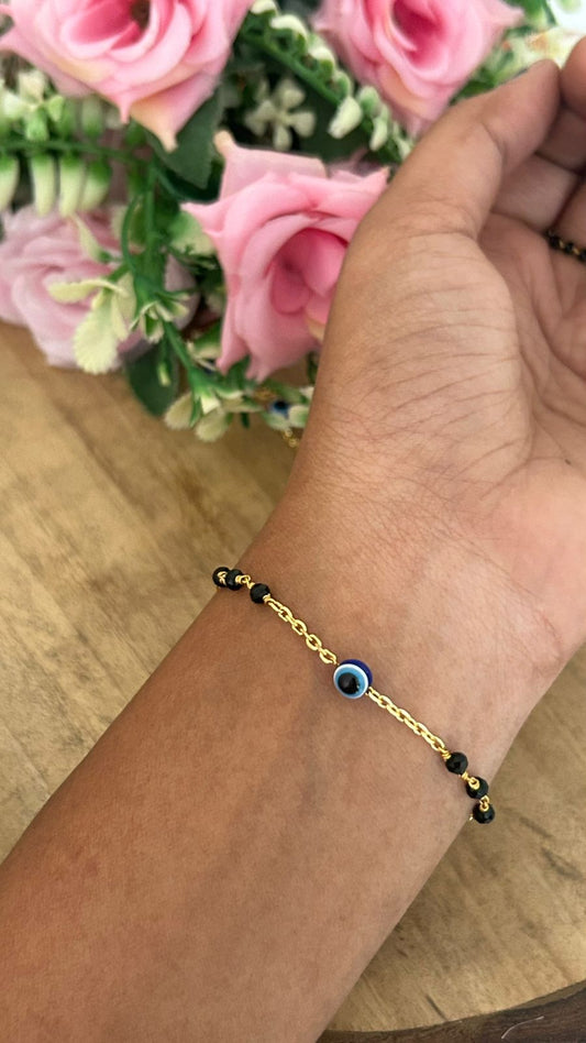 Gold Plated Evil Eye Bracelet with Black Beads – Adjustable 24–2 10 size| Nazar Protection Bracelet