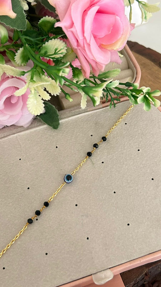 Gold Plated Evil Eye Bracelet with Black Beads – Adjustable 24–2 10 size| Nazar Protection Bracelet