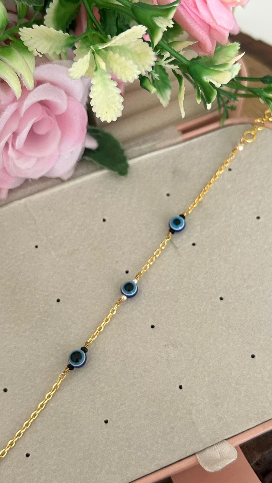 Triple Evil Eye Bracelet with Gold Chain – Adjustable Size 24–26 cm | Stylish Protection Jewelry