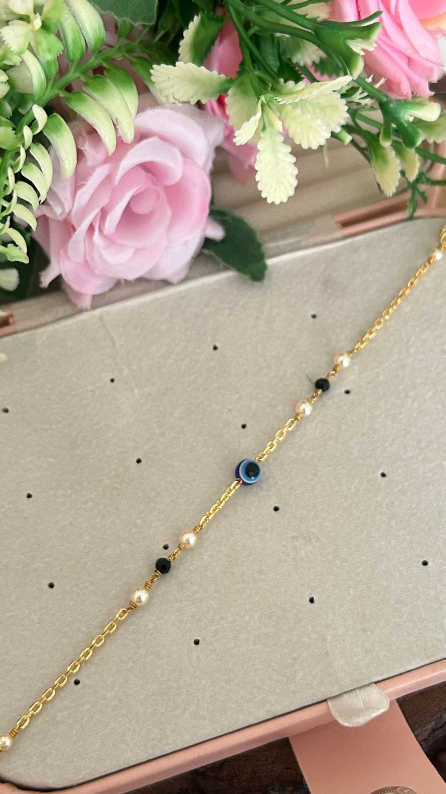 Trendy Evil Eye Bracelet – Gold Chain with Pearl and Black Beads | Adjustable Fit 24–210 size