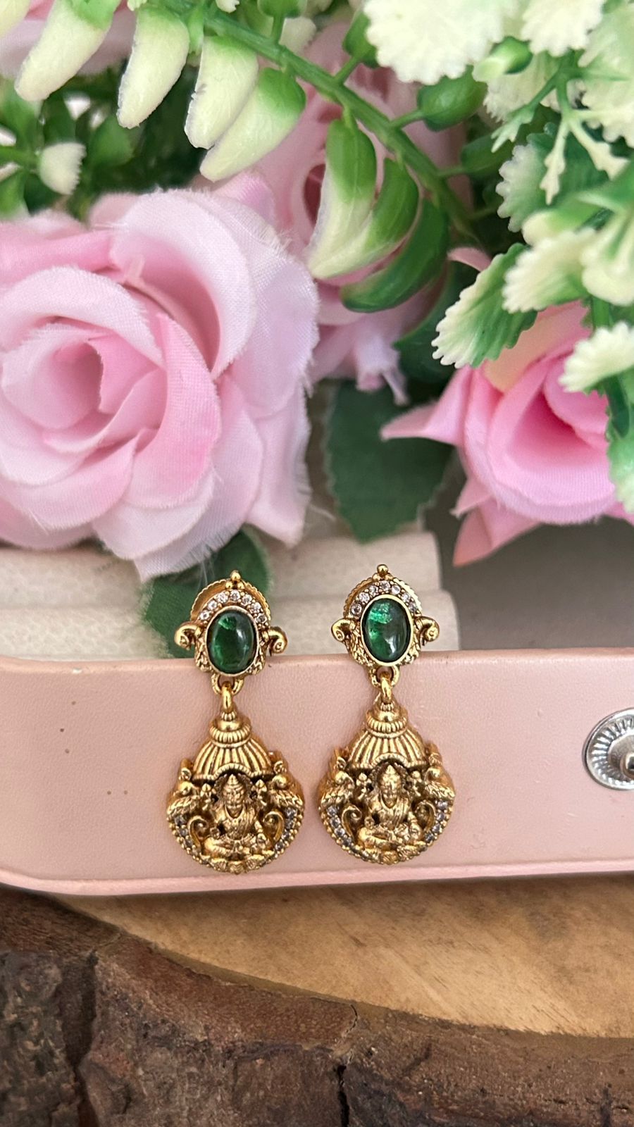 Traditional Lakshmi Temple Earrings with Green Stone – Antique Gold Ethnic Drop Earrings for Women