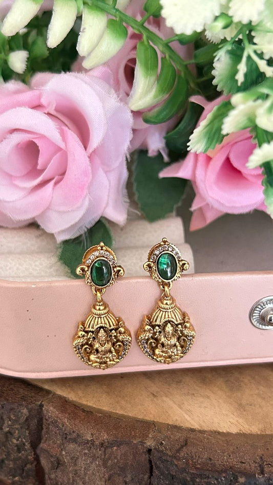 Traditional Lakshmi Temple Earrings with Green Stone – Antique Gold Ethnic Drop Earrings for Women