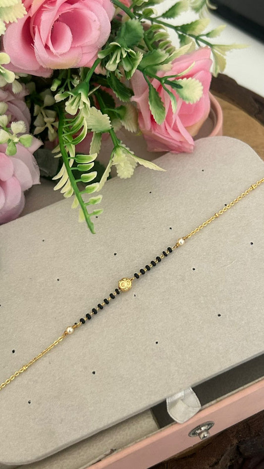 One Gram Gold Plated Black Beads Bracelet for Women | Adjustable Size 2.6–2.10 with Extra 4 Hoops | Traditional Daily Wear Mangalsutra Style Bracelet