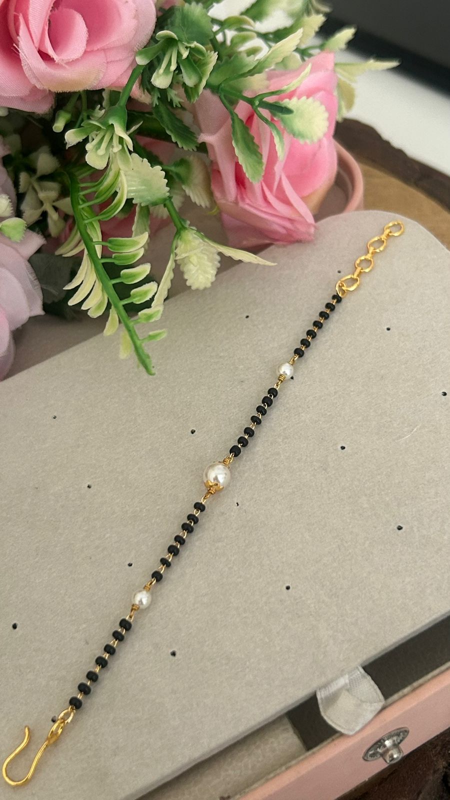 One Gram Gold Plated Black Beads & Pearl Bracelet for Women | Adjustable Size 2.6–2.10 with Extra 4 Back Hoops | Traditional Mangalsutra Bracelet