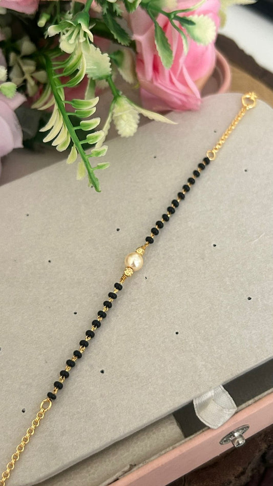 One Gram Gold Plated Black Beads Bracelet with Pearl Center for Women | Traditional Mangalsutra Style Daily Wear Bracelet