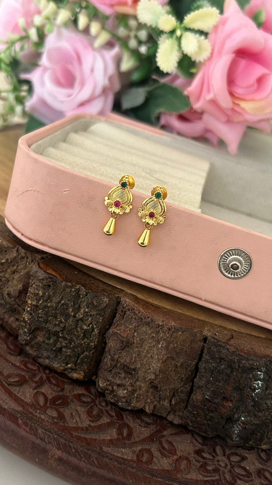 Micro Gold Plated Traditional Stud Earrings with Ruby & Emerald Stones – Lightweight Daily Wear