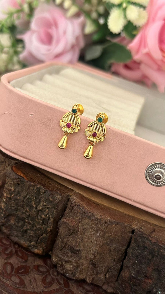 Micro Gold Plated Traditional Stud Earrings with Ruby & Emerald Stones – Lightweight Daily Wear