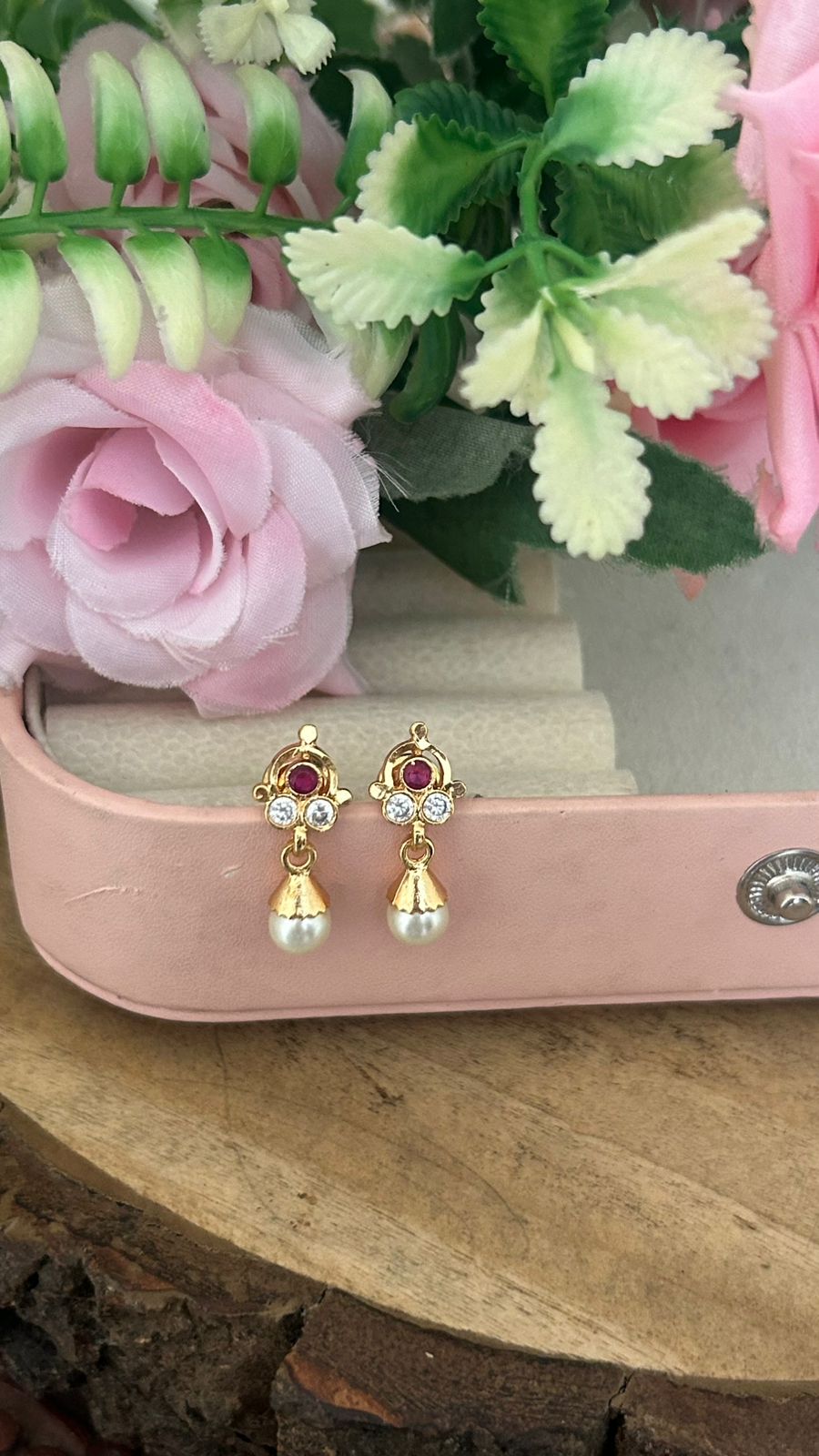 Panchaloham Polished Mini Stud Earrings with Ruby & White Stones and Pearl Drop