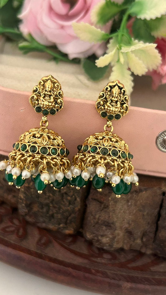 Traditional Lakshmi Temple Jhumka Earrings with Green Beads and Pearl Drops – Antique Gold Finish