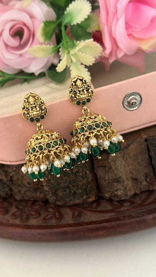 Traditional Lakshmi Temple Jhumka Earrings with Green Beads and Pearl Drops – Antique Gold Finish