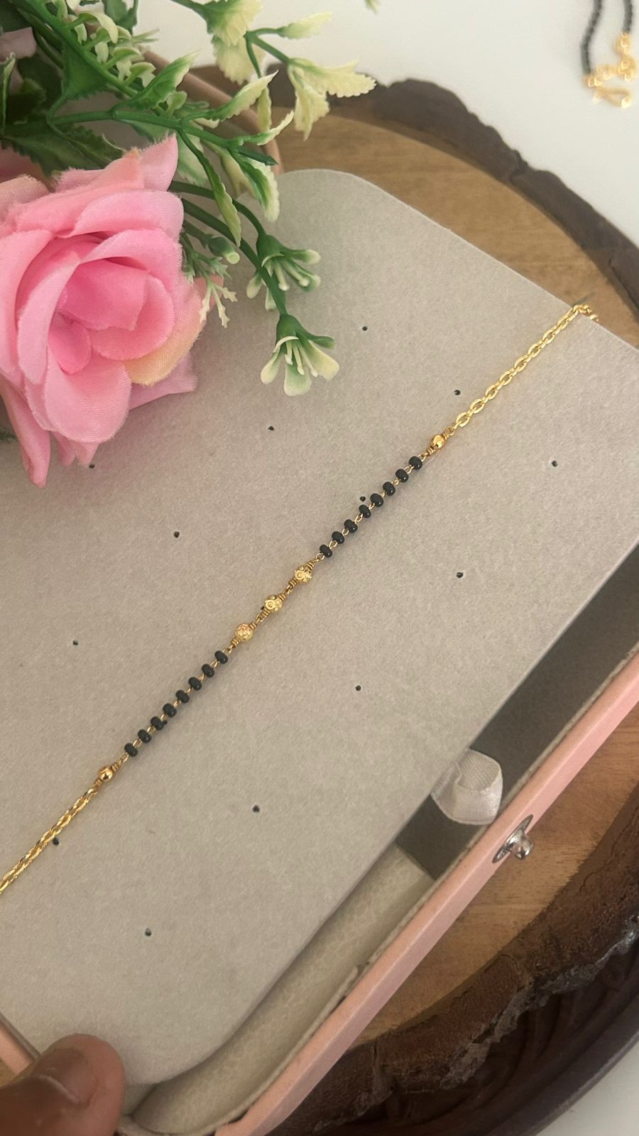 Delicate Black Bead Mangalsutra Chain Bracelet with Gold Detailing – Daily Wear Bracelet