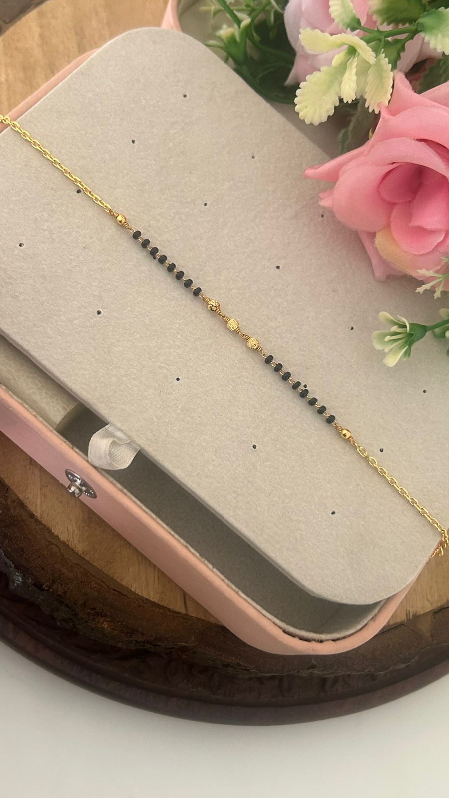Delicate Black Bead Mangalsutra Chain Bracelet with Gold Detailing – Daily Wear Bracelet