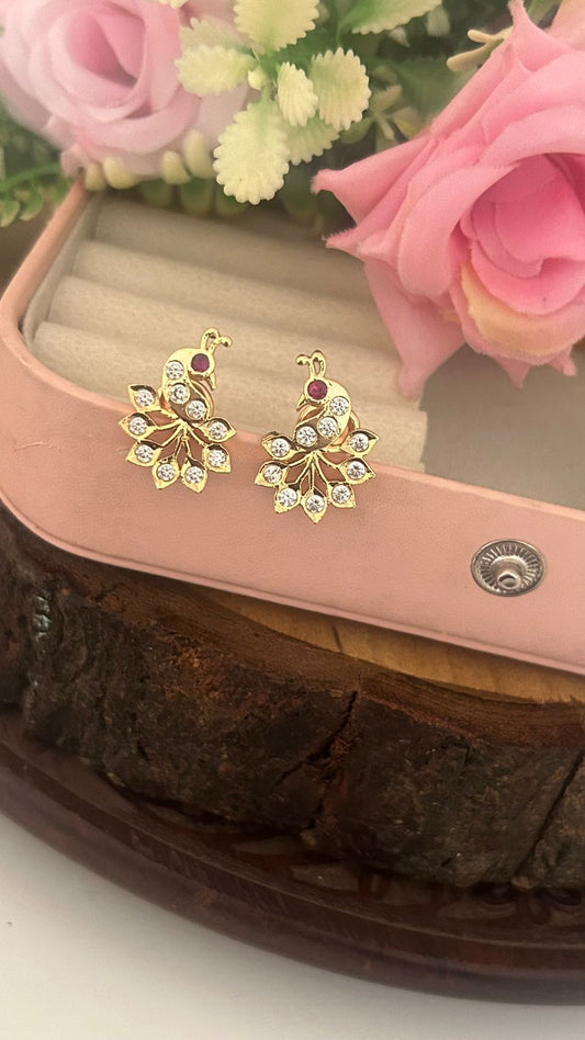 Traditional Panchaloham Peacock Stud Earrings with white Stones – Temple Style