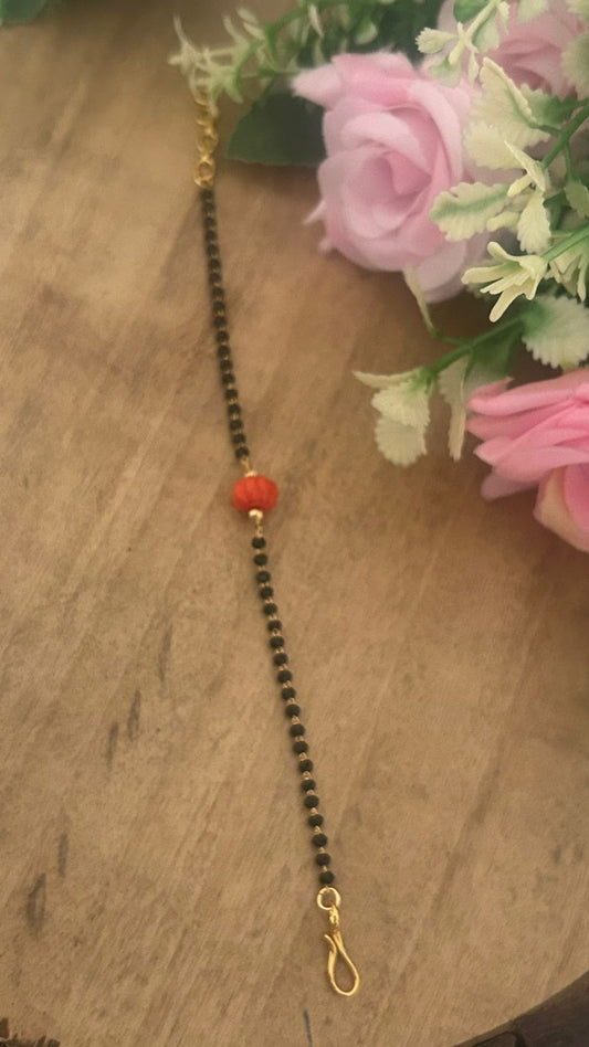 Black Bead Mangalsutra Bracelet with Coral Center Bead – One Gram Gold Plated Adjustable Mangalsutra Bracelet (Fits 2.4 to 2.10)