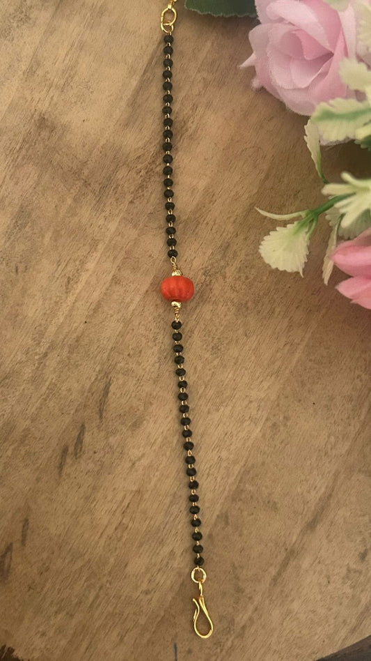 Black Bead Mangalsutra Bracelet with Coral Center Bead – One Gram Gold Plated Adjustable Mangalsutra Bracelet (Fits 2.4 to 2.10)