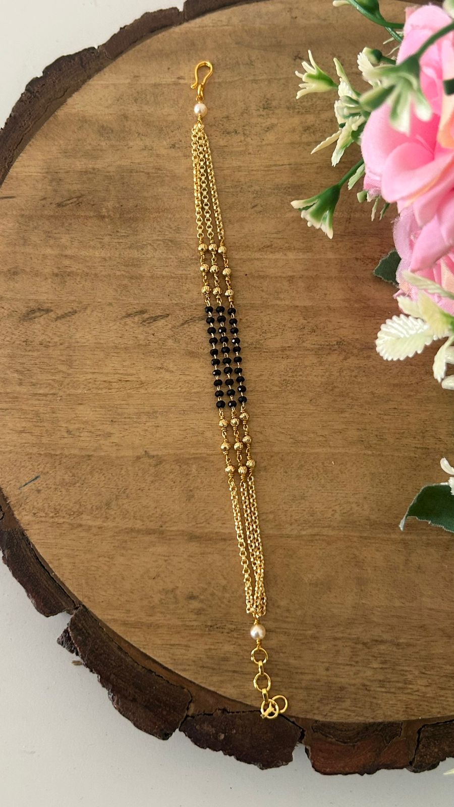 Traditional Black Bead Triple Line Bracelet in One Gram Gold Plating | Adjustable Daily Wear
