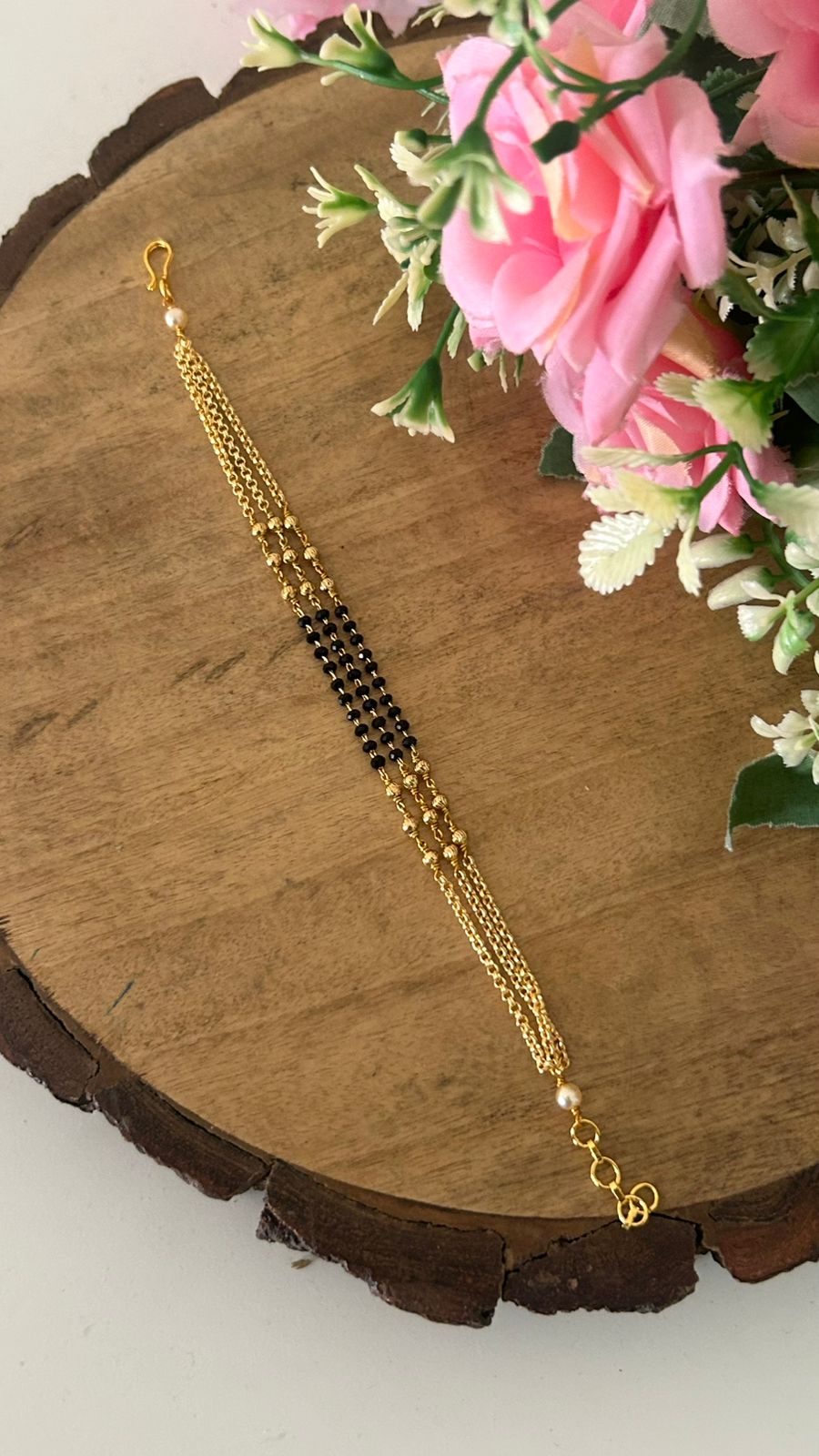 Traditional Black Bead Triple Line Bracelet in One Gram Gold Plating | Adjustable Daily Wear