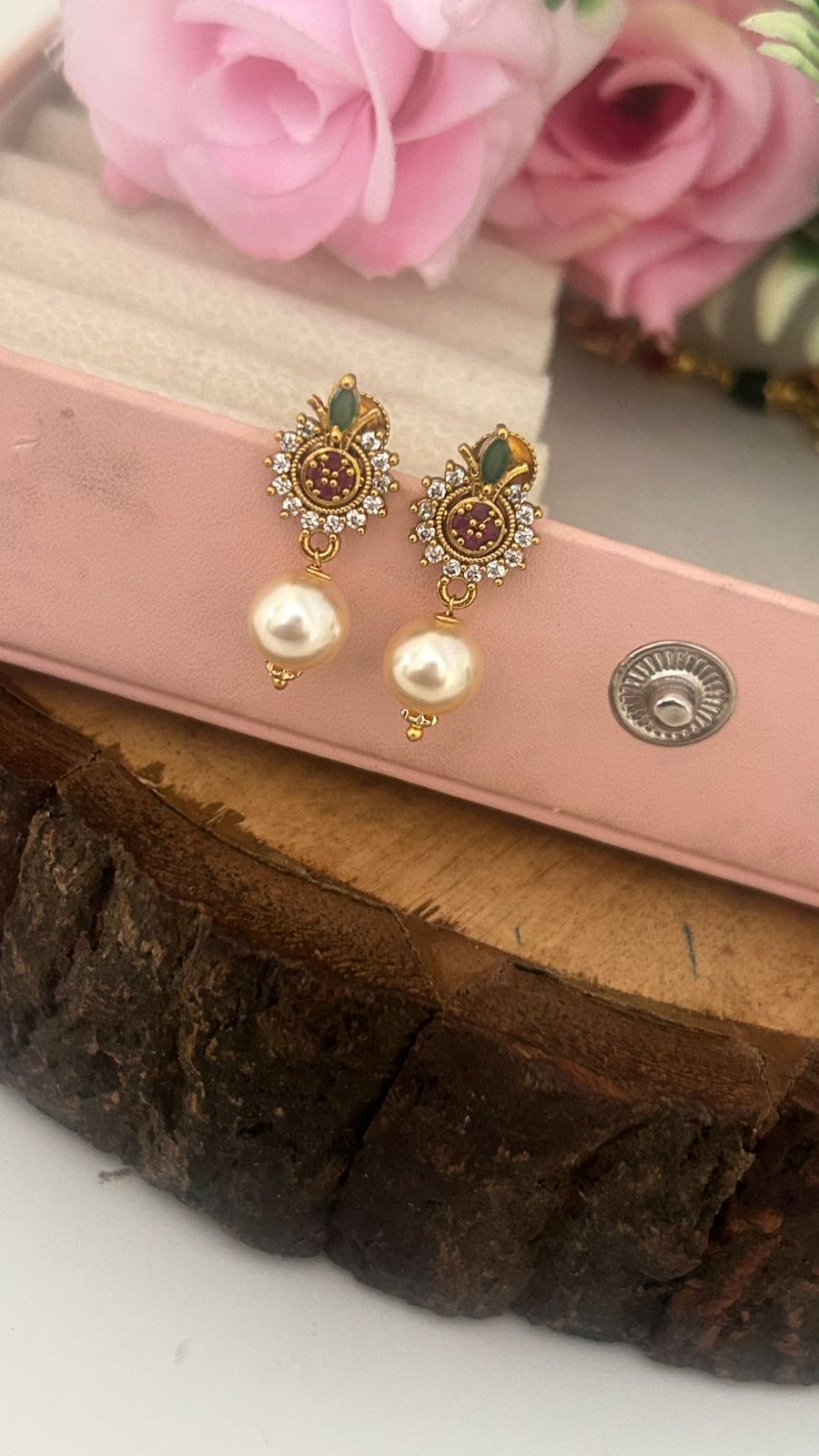 Traditional Ruby Green Stone Stud Earrings with Pearl Drop – Screw Back Design