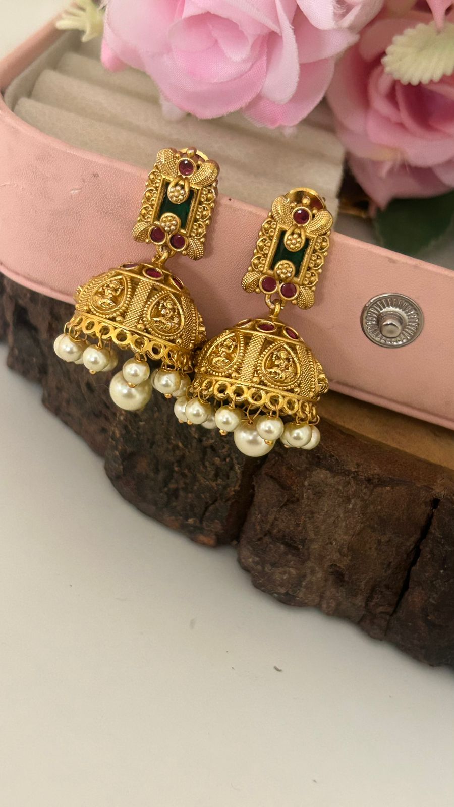 South Indian Temple Design Pearl Jhumkas with Ruby Stones – Antique Gold Plated Bridal Earrings
