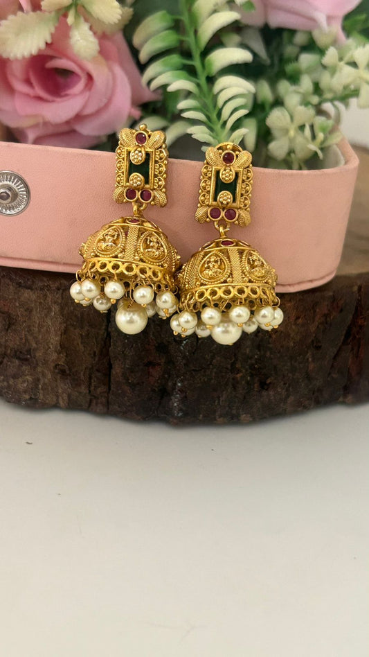 South Indian Temple Design Pearl Jhumkas with Ruby Stones – Antique Gold Plated Bridal Earrings