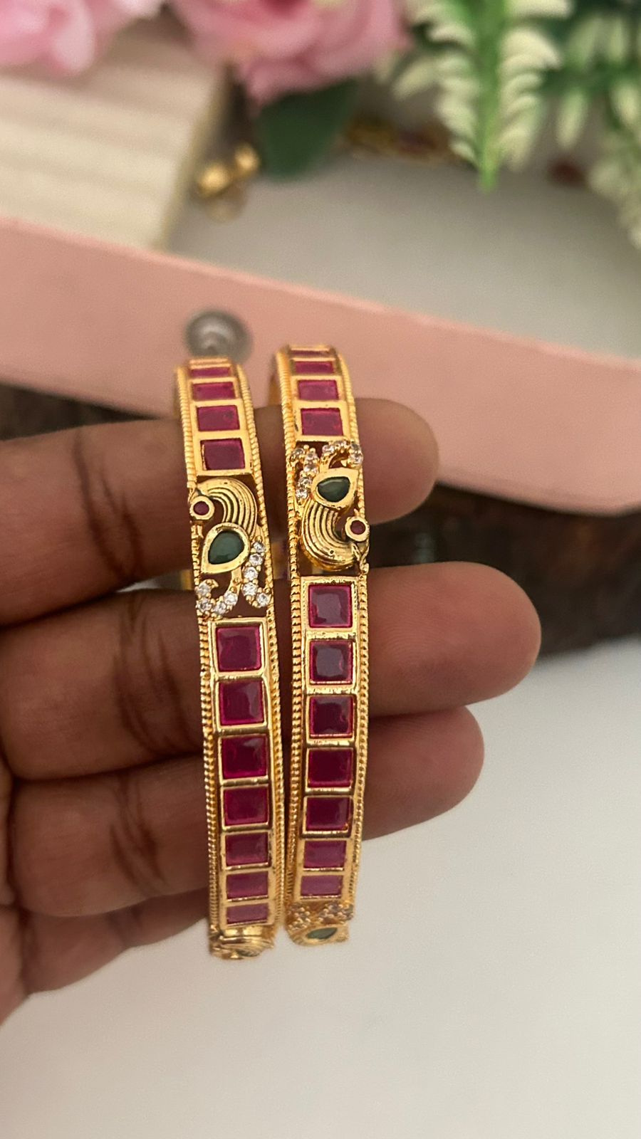 Traditional Peacock Design Ruby Stone Bangles – South Indian Gold Plated Bridal Bangles